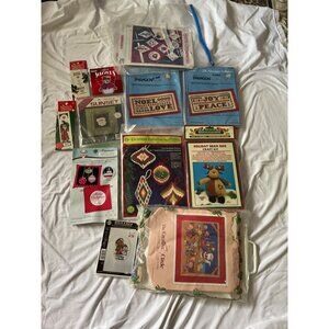 Christmas Craft Kits Bundle - Cross Stitch Needlepoint Bean Bag Ornaments & Wall
